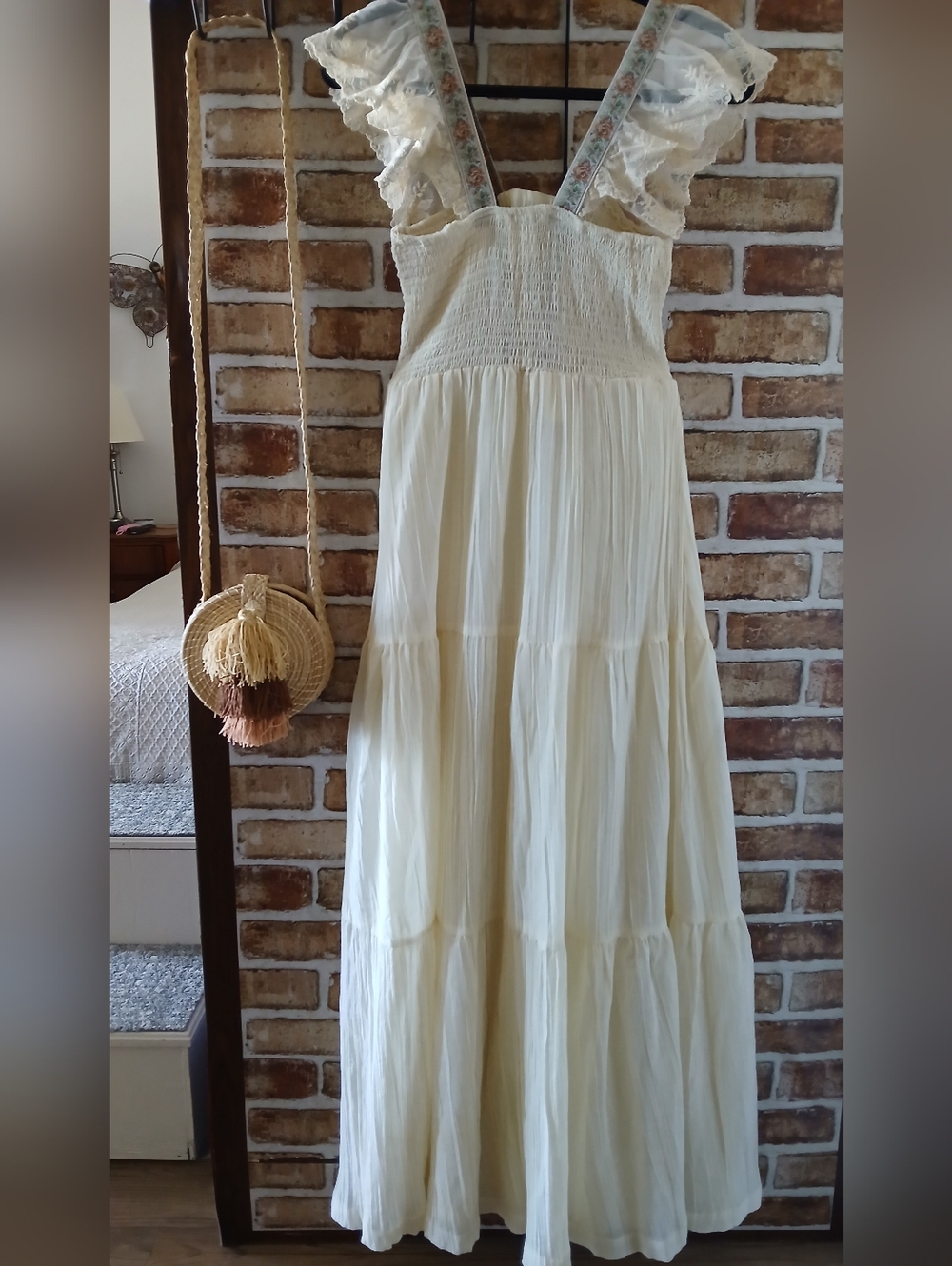 Vintage VICKY VAUGHN Prairie BOHO Cream LACE Summer MAXI Romantic DRESS XS S - Picture 3 of 14